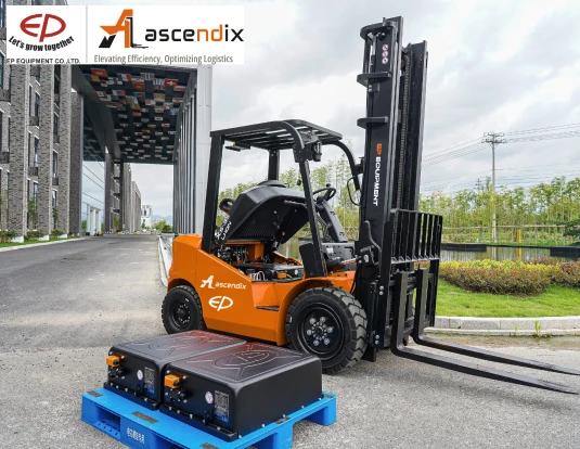 Big Forklifer with pallet on road for the pickup