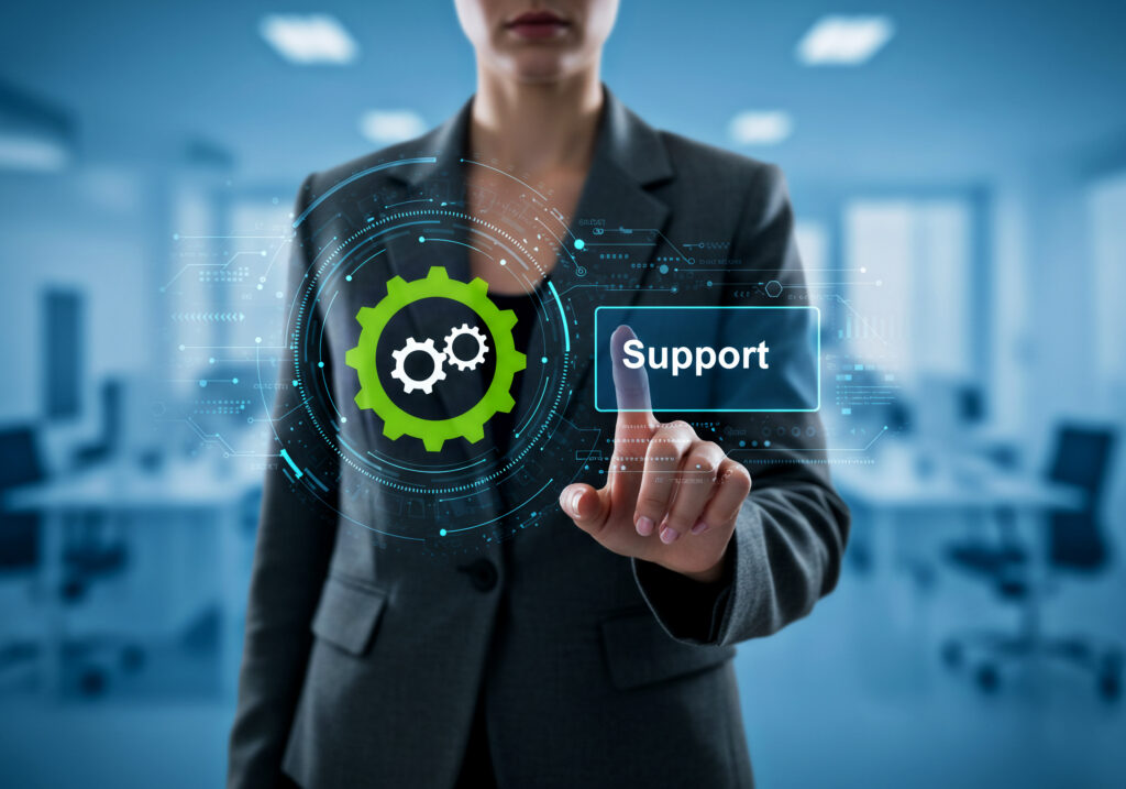 woman interacting with support button digital interface